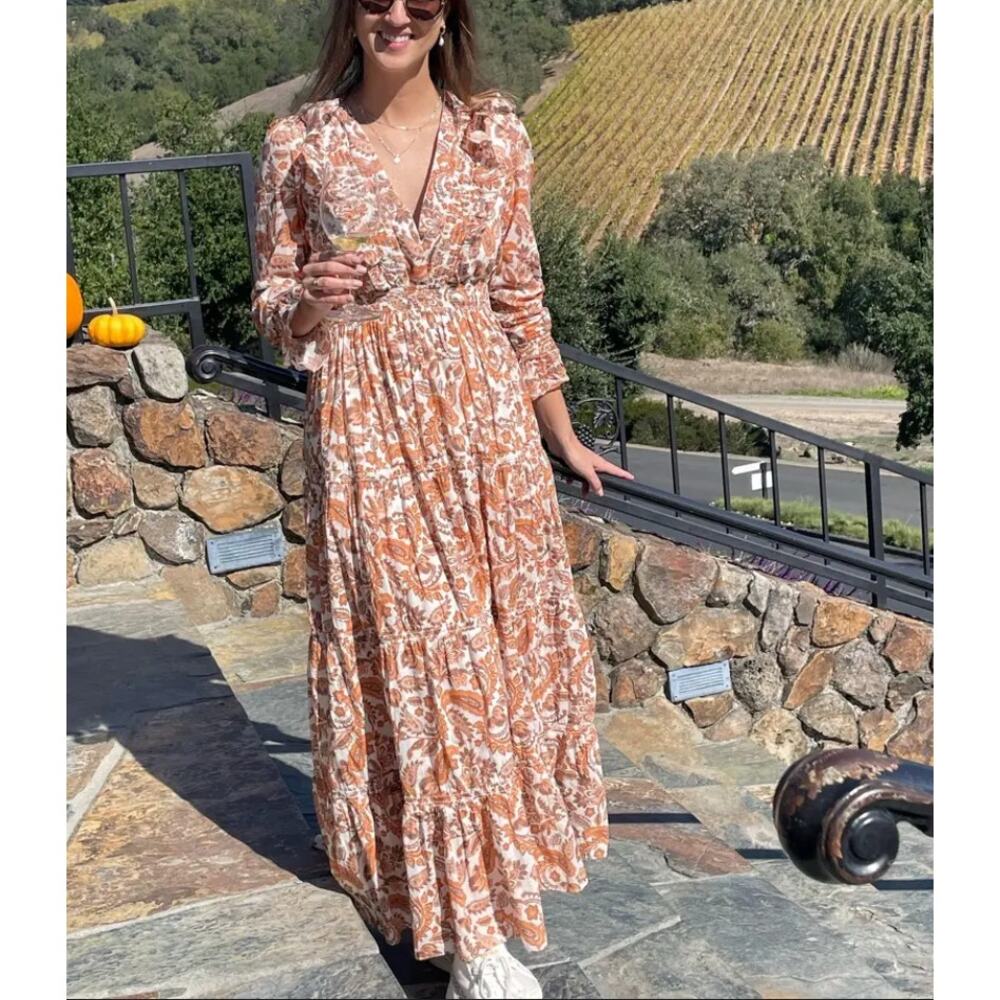 Maje Brown Floral Peasant Maxi Dress Size 0 Prairie Ruffle Designer Cottage $535 - Picture 4 of 13